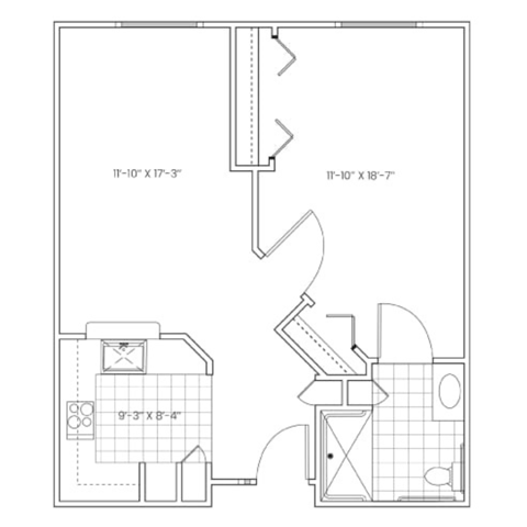 Floor plan for 1 bed, 1 bath, 629 sqft